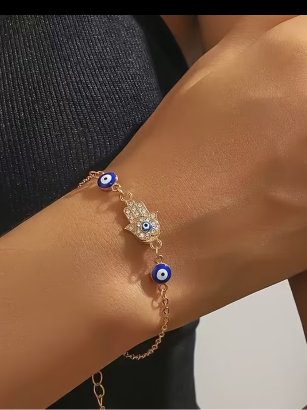 Gold Hamsa Hand Bracelet with Blue Evil Eye Beads - Women Jewelry